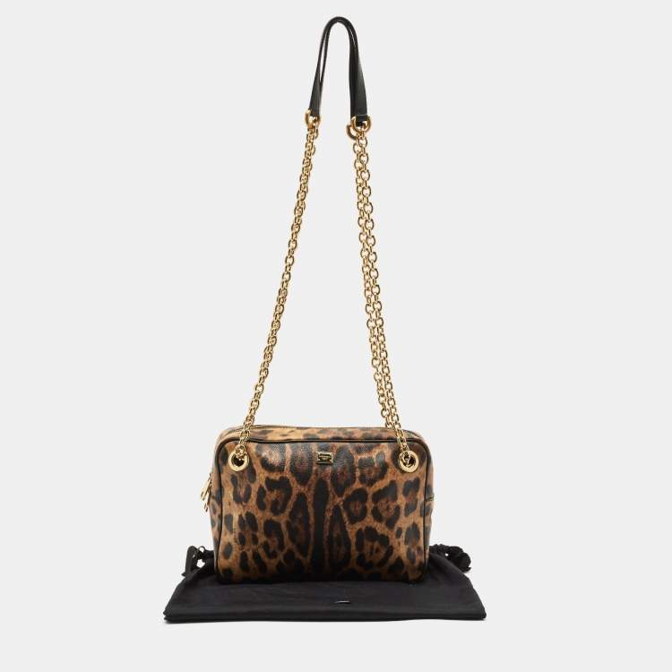 Pre Owned Dolce & Gabbana Brown Leopard Print Coated Canvas Chain Shoulder Bag