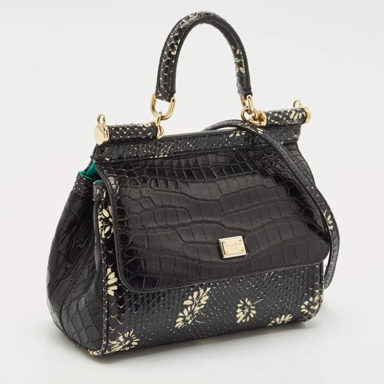 Pre Owned Dolce & Gabbana Black Crocodile & Python Small Miss Sicily Top Handle Bag