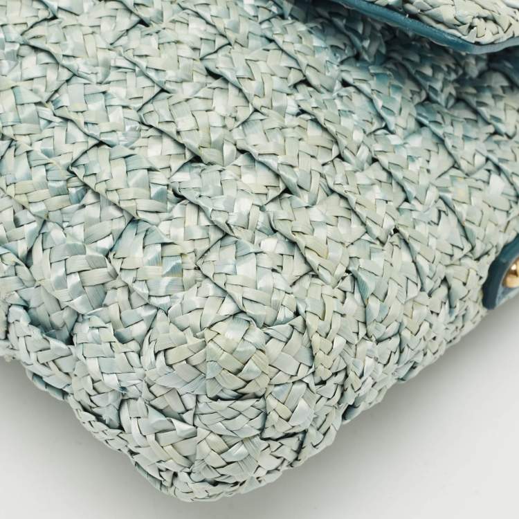 Pre Owned Dolce & Gabbana Blue Woven Raffia and Leather Padlock Shoulder Bag