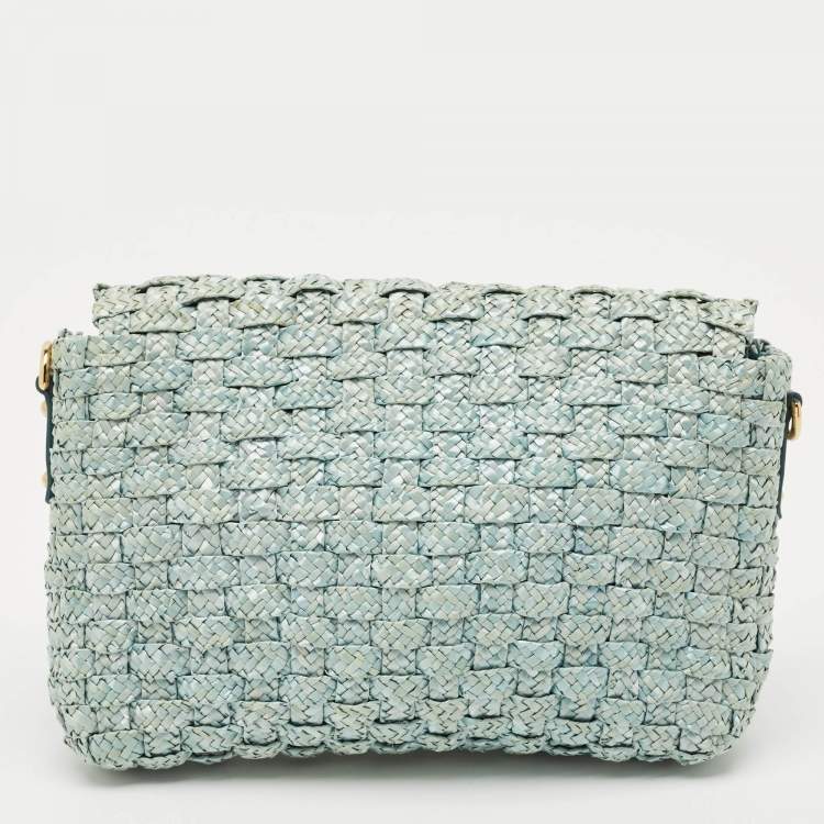 Pre Owned Dolce & Gabbana Blue Woven Raffia and Leather Padlock Shoulder Bag