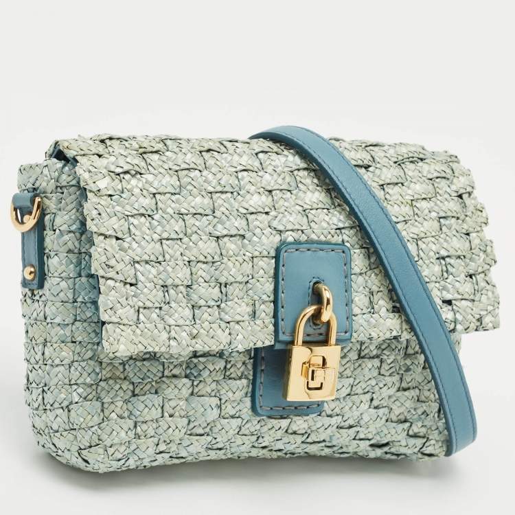 Pre Owned Dolce & Gabbana Blue Woven Raffia and Leather Padlock Shoulder Bag