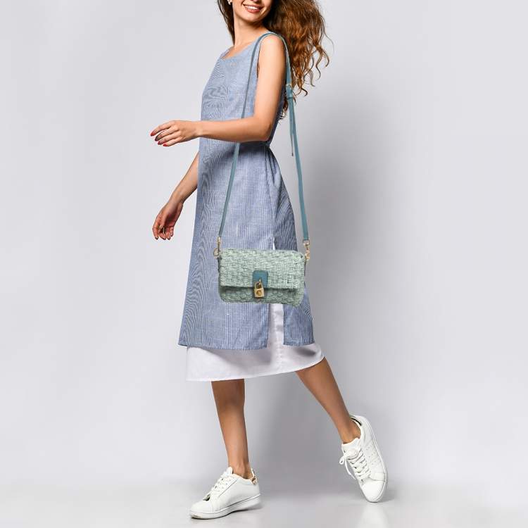 Pre Owned Dolce & Gabbana Blue Woven Raffia and Leather Padlock Shoulder Bag