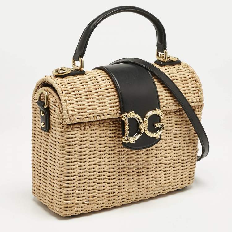 Pre Owned Dolce & Gabbana Black/Beige Woven Rattan and Leather DG Flap Top Handle Bag