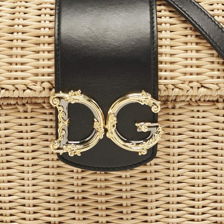 Pre Owned Dolce & Gabbana Black/Beige Woven Rattan and Leather DG Flap Top Handle Bag