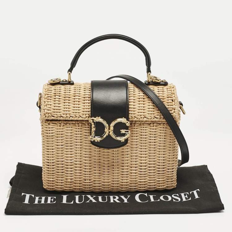 Pre Owned Dolce & Gabbana Black/Beige Woven Rattan and Leather DG Flap Top Handle Bag