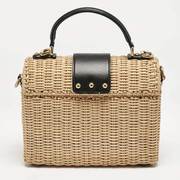 Pre Owned Dolce & Gabbana Black/Beige Woven Rattan and Leather DG Flap Top Handle Bag