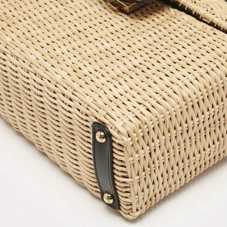 Pre Owned Dolce & Gabbana Black/Beige Woven Rattan and Leather DG Flap Top Handle Bag
