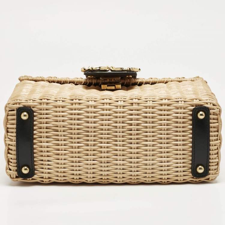 Pre Owned Dolce & Gabbana Black/Beige Woven Rattan and Leather DG Flap Top Handle Bag