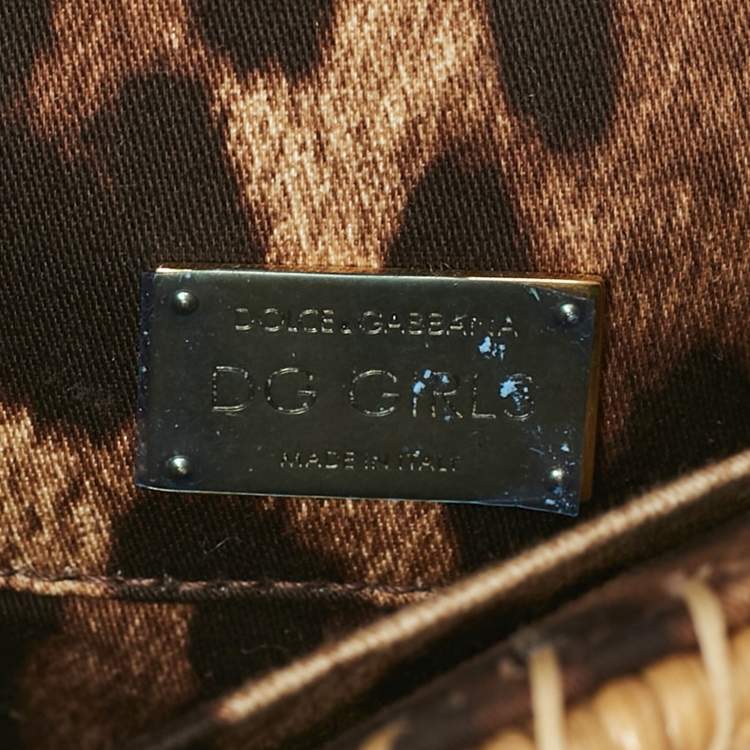 Pre Owned Dolce & Gabbana Black/Beige Woven Rattan and Leather DG Flap Top Handle Bag