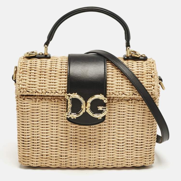 Pre Owned Dolce & Gabbana Black/Beige Woven Rattan and Leather DG Flap Top Handle Bag