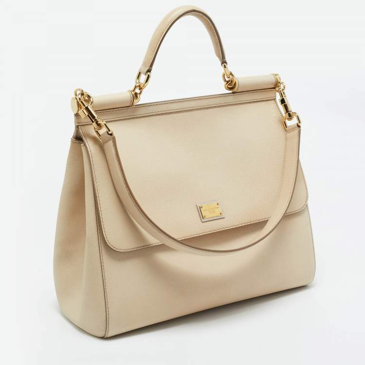 Pre Owned Dolce & Gabbana Beige Leather Large Miss Sicily Top Handle Bag