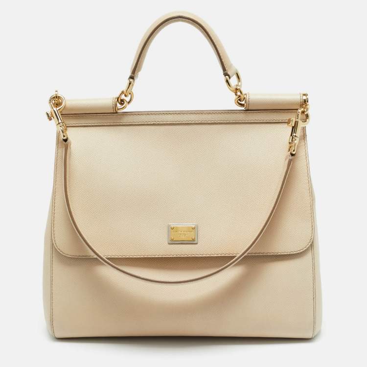 Pre Owned Dolce & Gabbana Beige Leather Large Miss Sicily Top Handle Bag