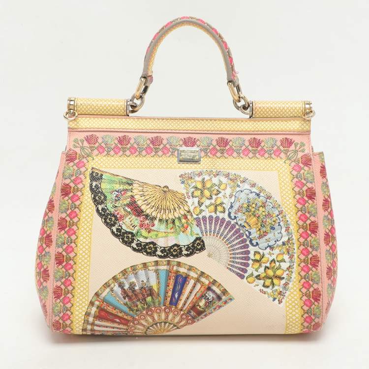 Pre Owned Dolce & Gabbana Multicolor Fan Foulard Print Leather Medium Miss Sicily Top Handle Bag
