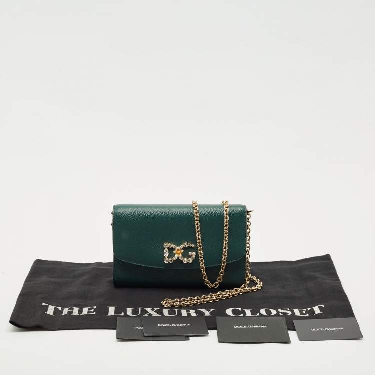 Pre Owned Dolce & Gabbana Dark Green Leather DG Logo Crystals Wallet on Chain