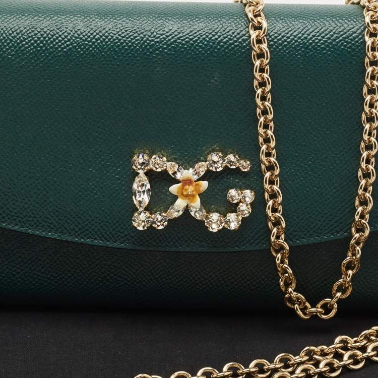Pre Owned Dolce & Gabbana Dark Green Leather DG Logo Crystals Wallet on Chain