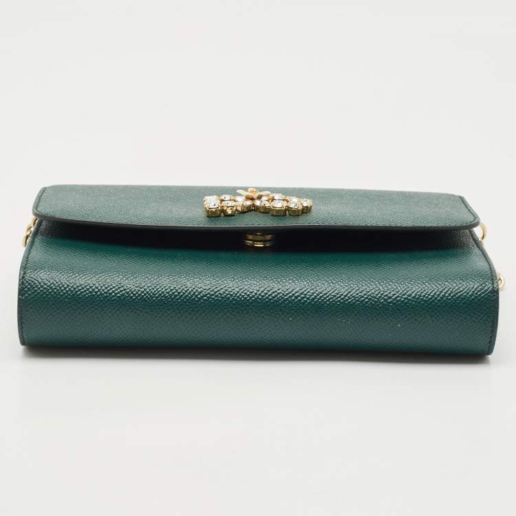 Pre Owned Dolce & Gabbana Dark Green Leather DG Logo Crystals Wallet on Chain