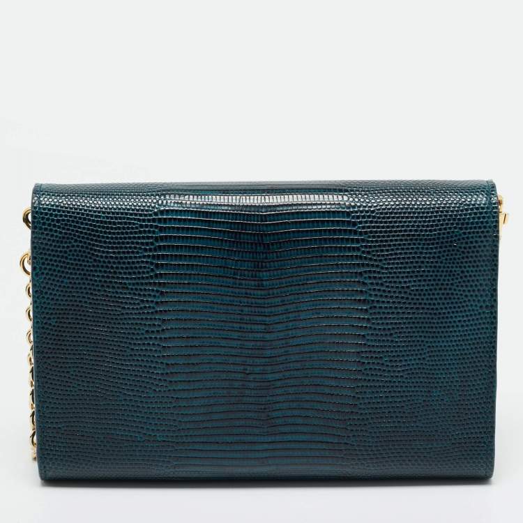 Pre Owned Dolce & Gabbana Dark Blue Lizard Embossed Leather DG Millennials Crystals Wallet on Chain
