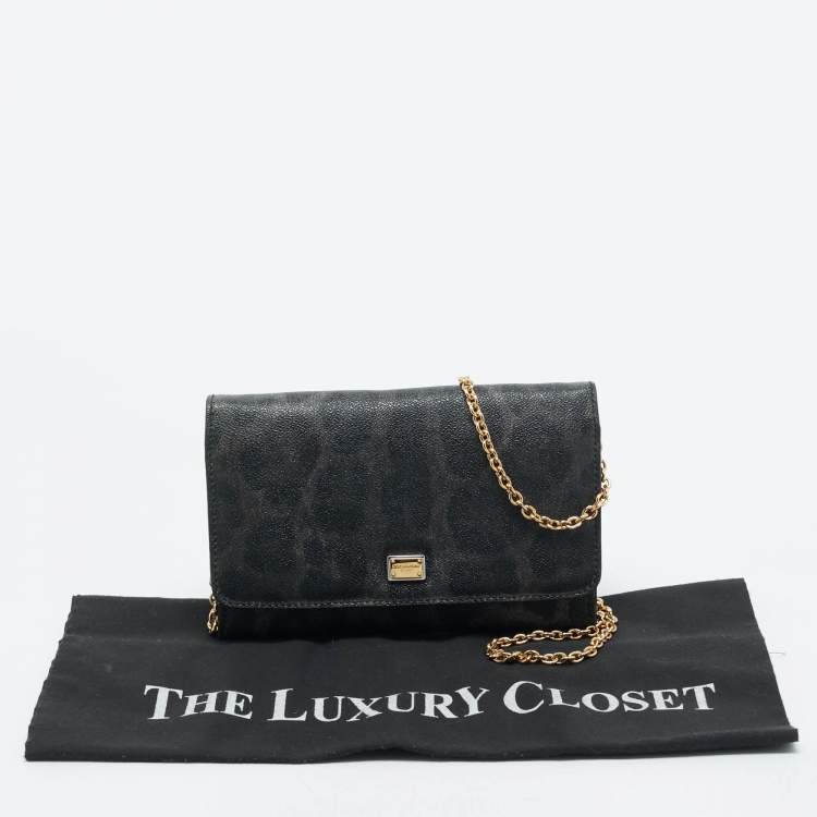 Pre Owned Dolce & Gabbana Black/Grey Leopard Print Coated Canvas Nina Chain Clutch