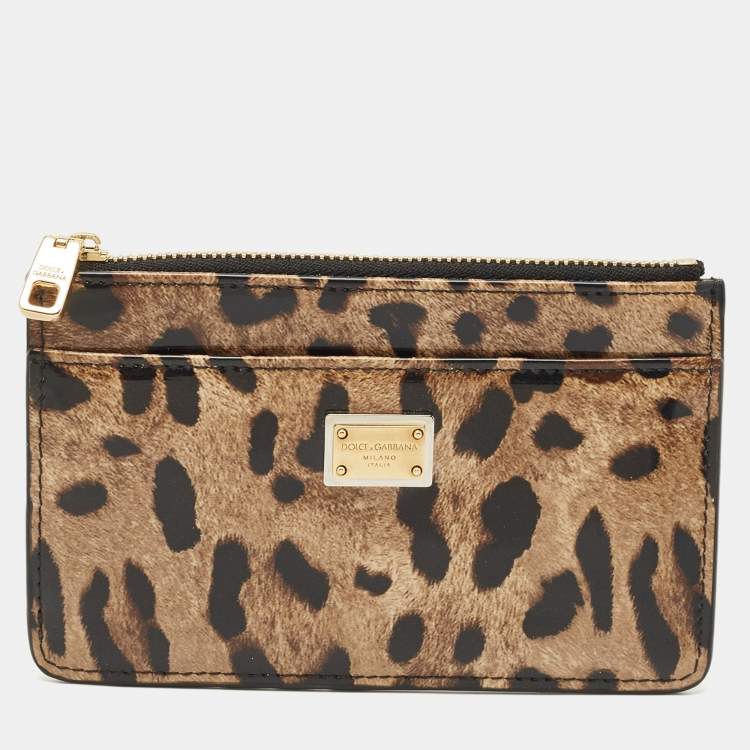 Pre Owned Dolce & Gabbana Brown/Black Leopard Print Patent Leather Zip Card Holder