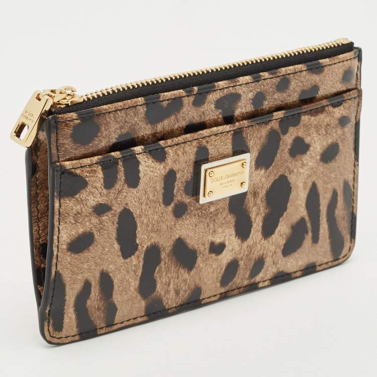 Pre Owned Dolce & Gabbana Brown/Black Leopard Print Patent Leather Zip Card Holder