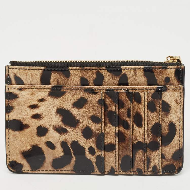 Pre Owned Dolce & Gabbana Brown/Black Leopard Print Patent Leather Zip Card Holder