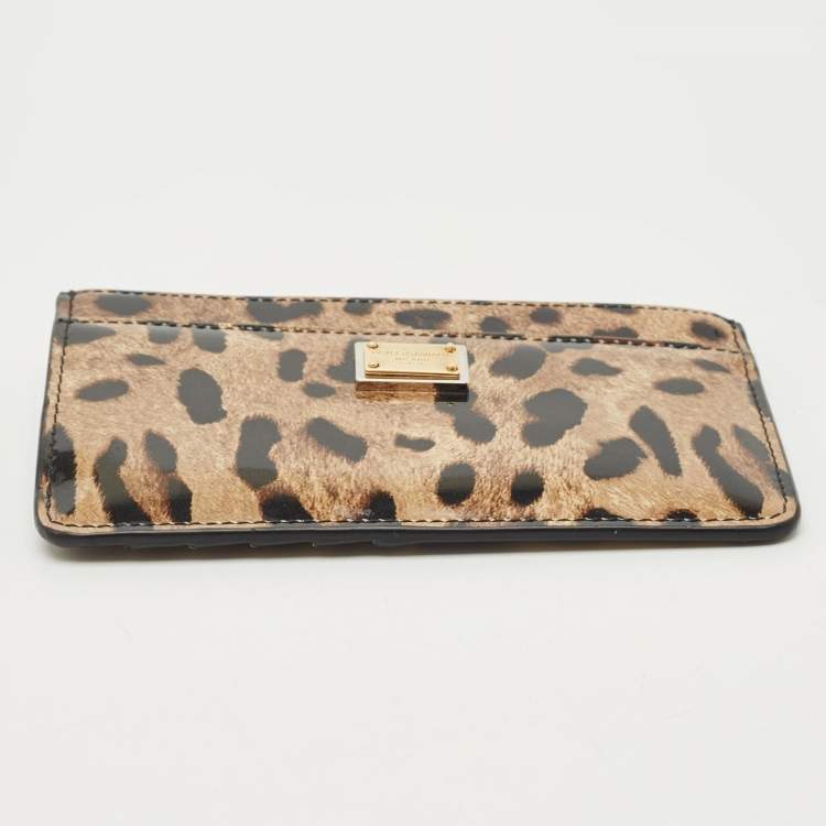 Pre Owned Dolce & Gabbana Brown/Black Leopard Print Patent Leather Zip Card Holder