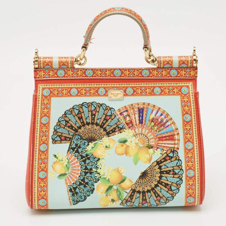 Pre Owned Dolce & Gabbana Multicolor Fan Foulard Print Leather Medium Miss Sicily Top Handle Bag