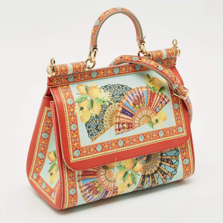 Pre Owned Dolce & Gabbana Multicolor Fan Foulard Print Leather Medium Miss Sicily Top Handle Bag