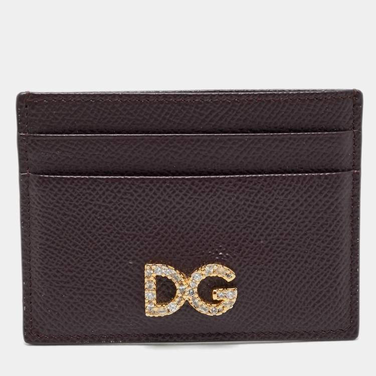 Pre Owned Dolce & Gabbana Burgundy Leather Crystal Embellished Logo Card Holder