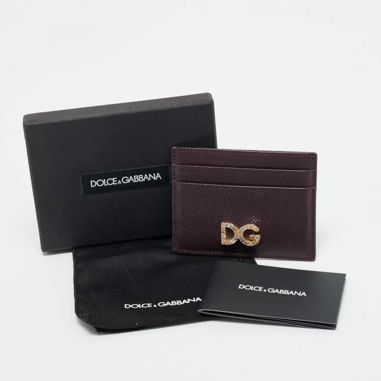 Pre Owned Dolce & Gabbana Burgundy Leather Crystal Embellished Logo Card Holder
