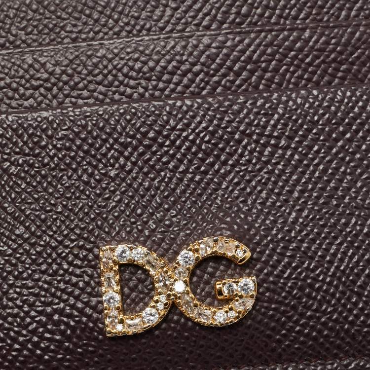 Pre Owned Dolce & Gabbana Burgundy Leather Crystal Embellished Logo Card Holder