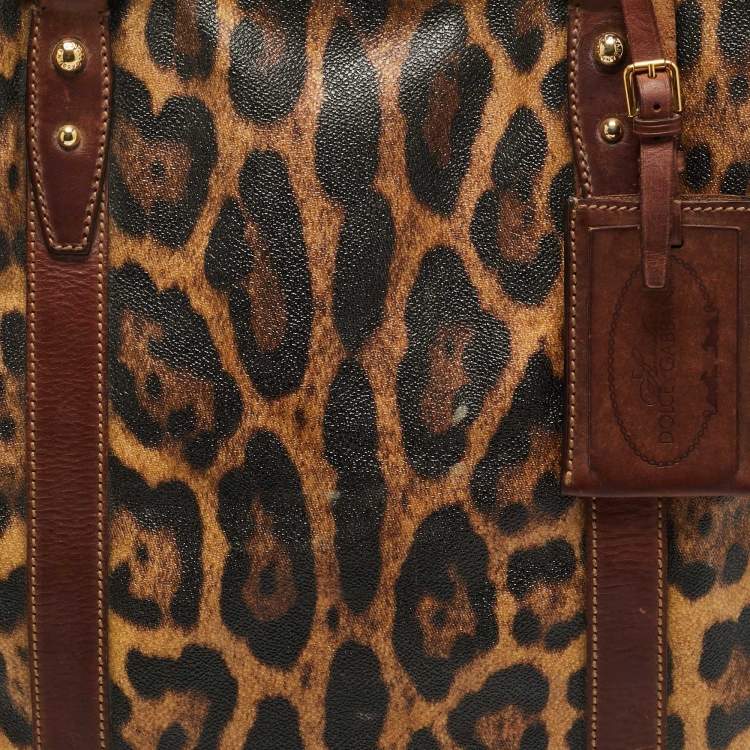 Pre Owned Dolce & Gabbana Brown Leopard Print Coated Canvas and Leather Shopper Tote