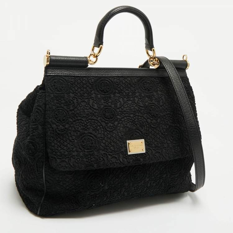 Pre Owned Dolce & Gabbana Black Lace and Leather Large Miss Sicily Top Handle Bag