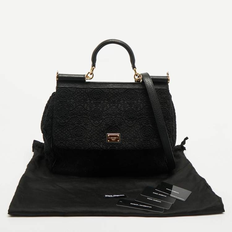Pre Owned Dolce & Gabbana Black Lace and Leather Large Miss Sicily Top Handle Bag