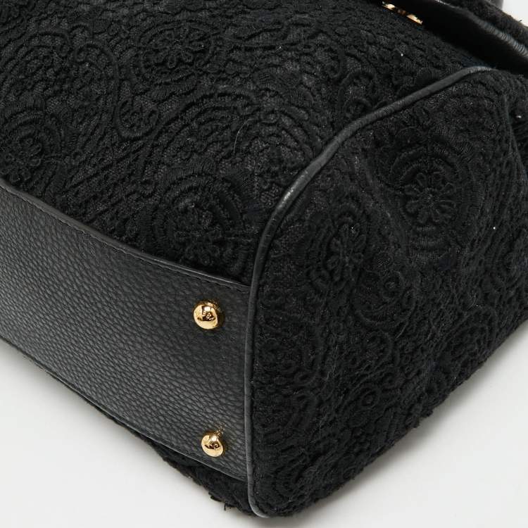 Pre Owned Dolce & Gabbana Black Lace and Leather Large Miss Sicily Top Handle Bag
