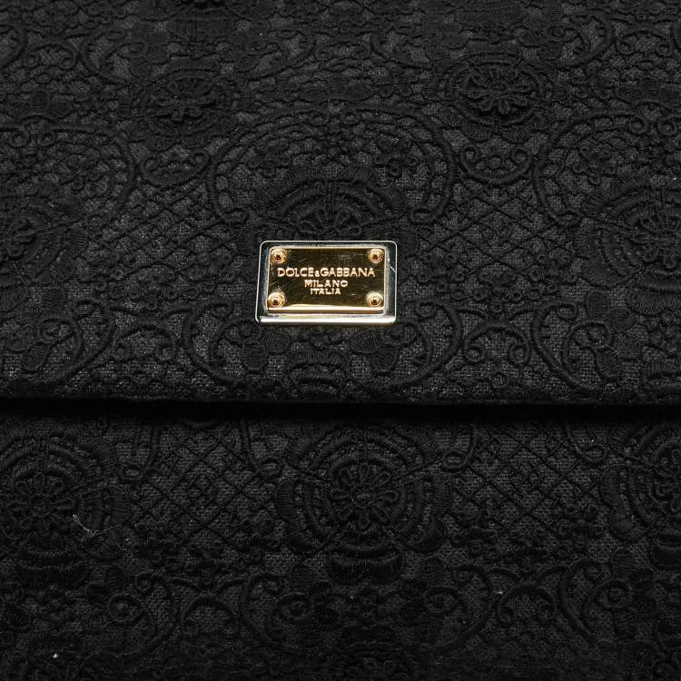 Pre Owned Dolce & Gabbana Black Lace and Leather Large Miss Sicily Top Handle Bag