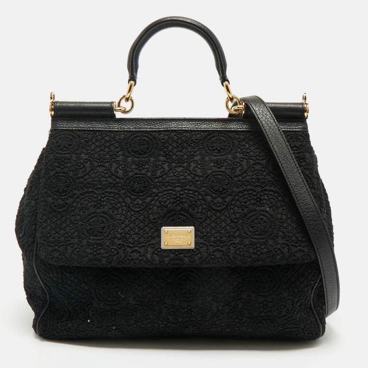 Pre Owned Dolce & Gabbana Black Lace and Leather Large Miss Sicily Top Handle Bag