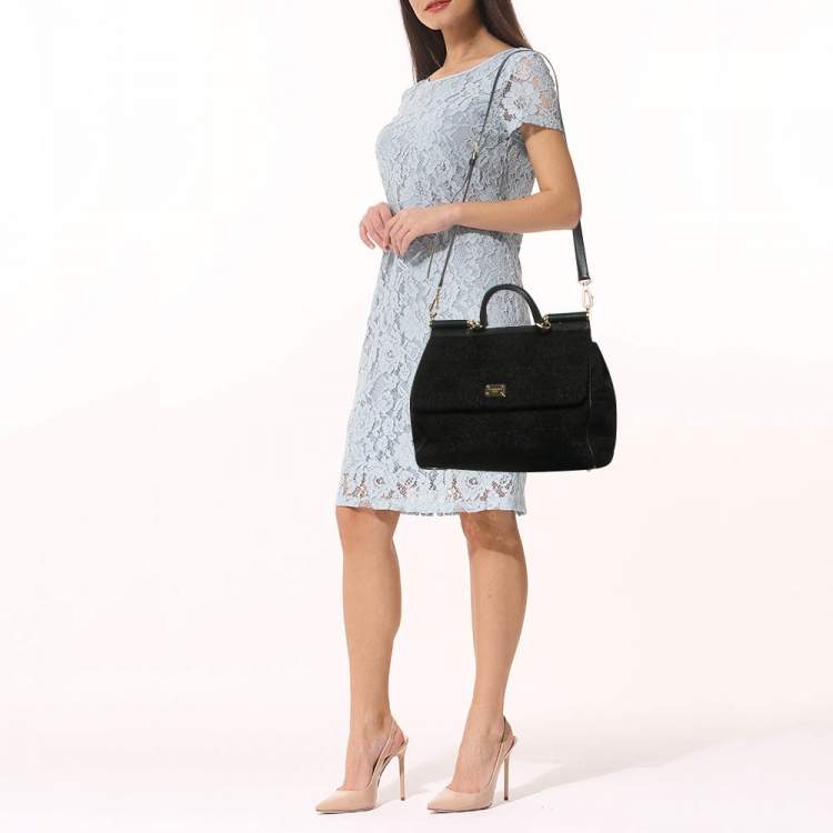 Pre Owned Dolce & Gabbana Black Lace and Leather Large Miss Sicily Top Handle Bag