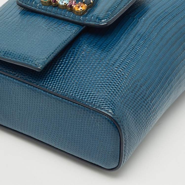 Pre Owned Dolce & Gabbana Blue Lizard Embossed Leather Mini DG Millennials Crystals Bag
