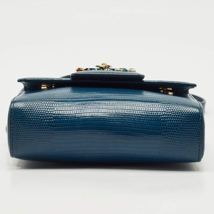 Pre Owned Dolce & Gabbana Blue Lizard Embossed Leather Mini DG Millennials Crystals Bag