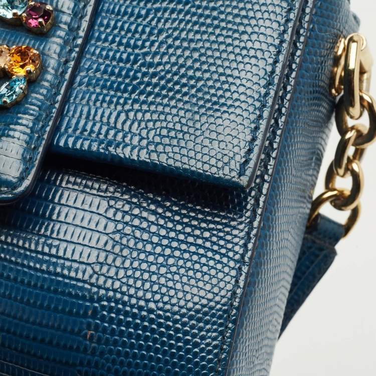 Pre Owned Dolce & Gabbana Blue Lizard Embossed Leather Mini DG Millennials Crystals Bag