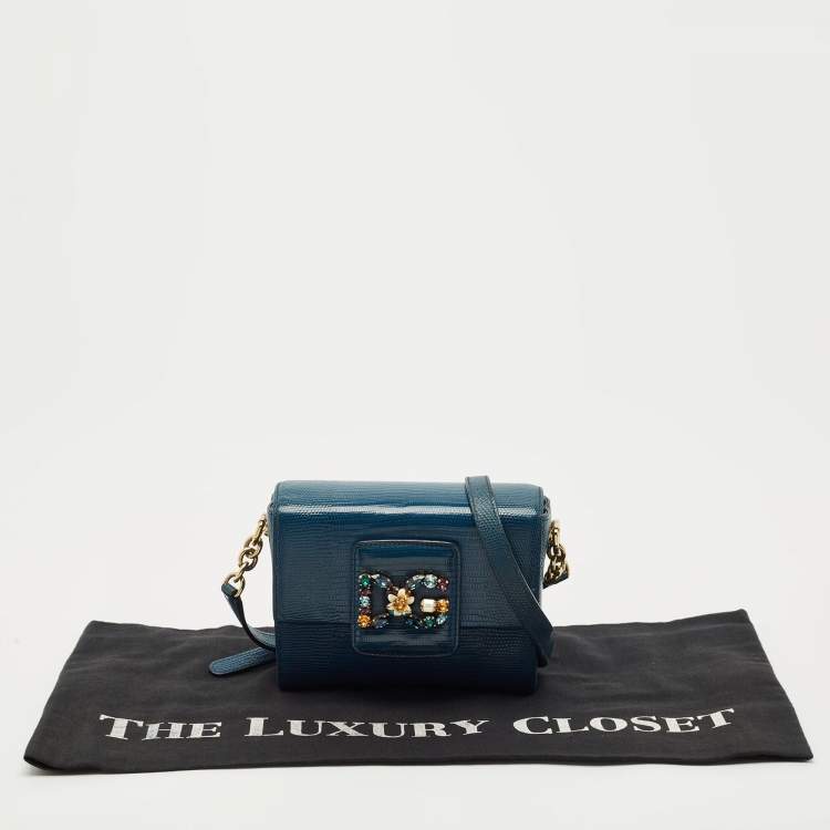 Pre Owned Dolce & Gabbana Blue Lizard Embossed Leather Mini DG Millennials Crystals Bag