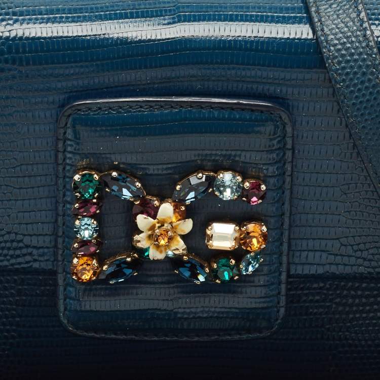 Pre Owned Dolce & Gabbana Blue Lizard Embossed Leather Mini DG Millennials Crystals Bag
