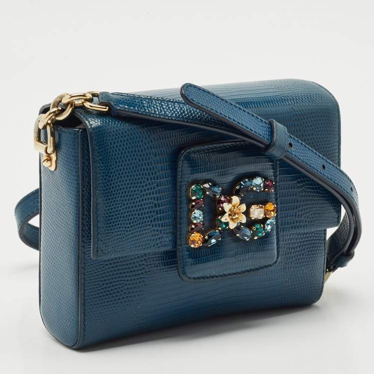 Pre Owned Dolce & Gabbana Blue Lizard Embossed Leather Mini DG Millennials Crystals Bag