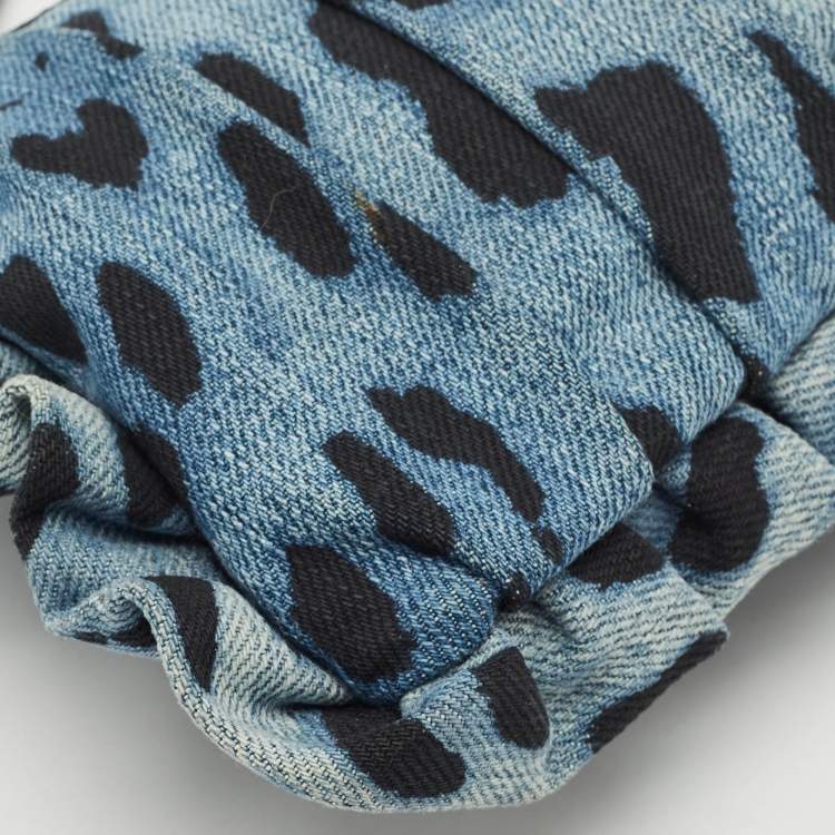 Pre Owned Dolce & Gabbana Blue Leopard Print Denim Ruffle Zip Pouch
