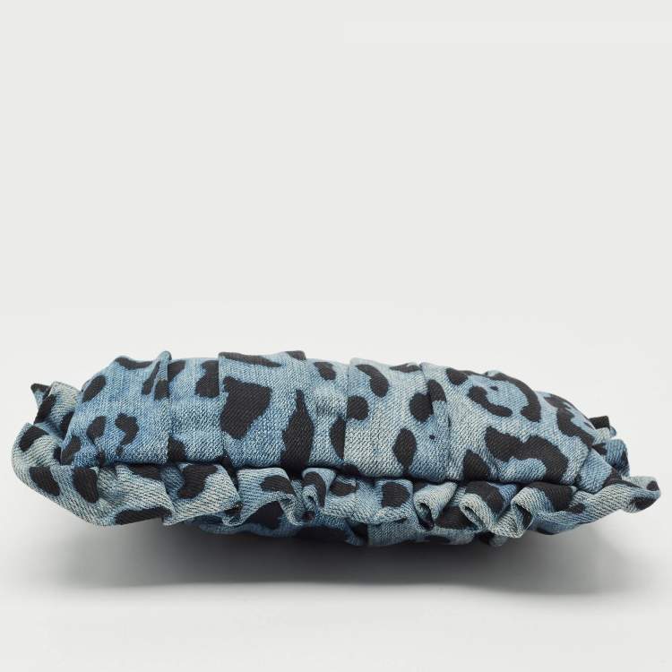 Pre Owned Dolce & Gabbana Blue Leopard Print Denim Ruffle Zip Pouch