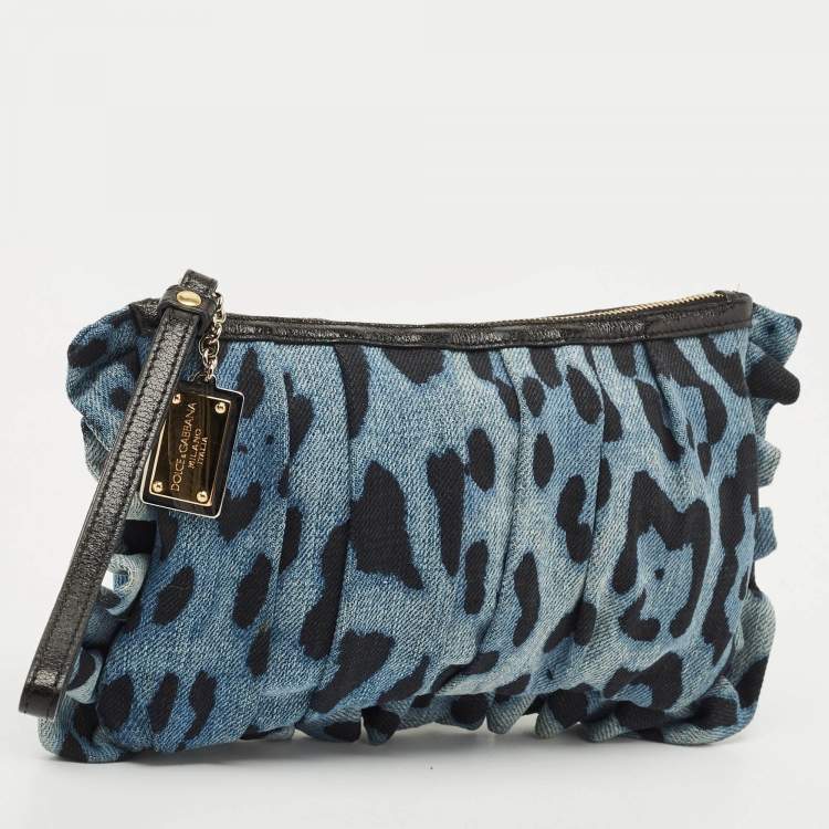 Pre Owned Dolce & Gabbana Blue Leopard Print Denim Ruffle Zip Pouch