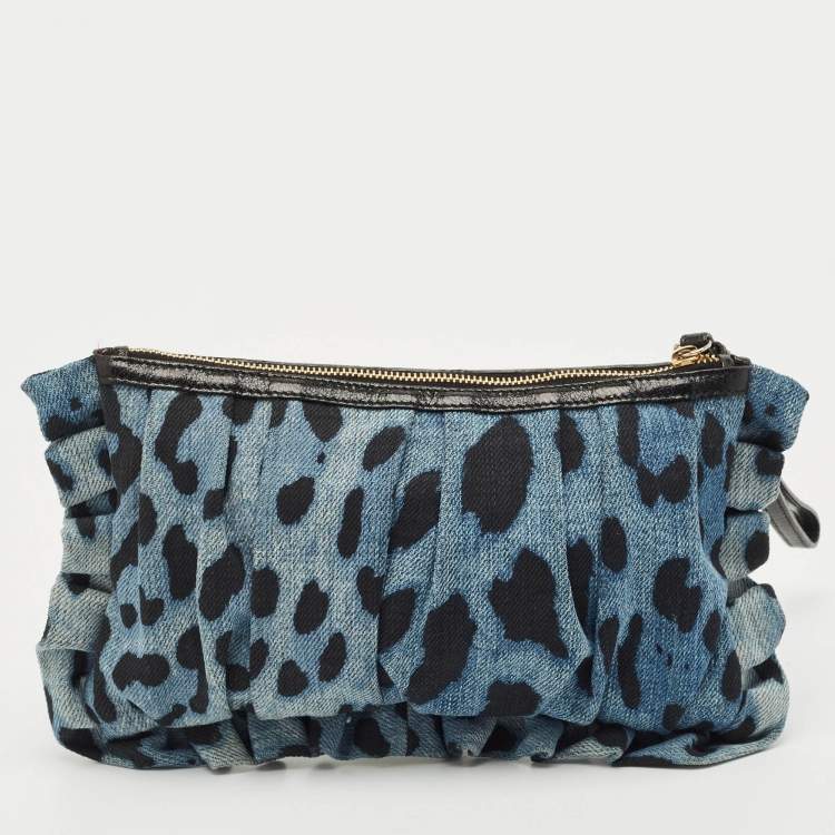 Pre Owned Dolce & Gabbana Blue Leopard Print Denim Ruffle Zip Pouch