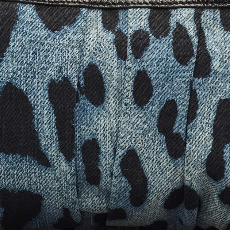 Pre Owned Dolce & Gabbana Blue Leopard Print Denim Ruffle Zip Pouch