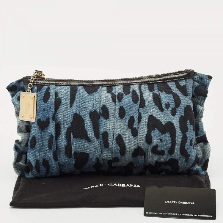 Pre Owned Dolce & Gabbana Blue Leopard Print Denim Ruffle Zip Pouch